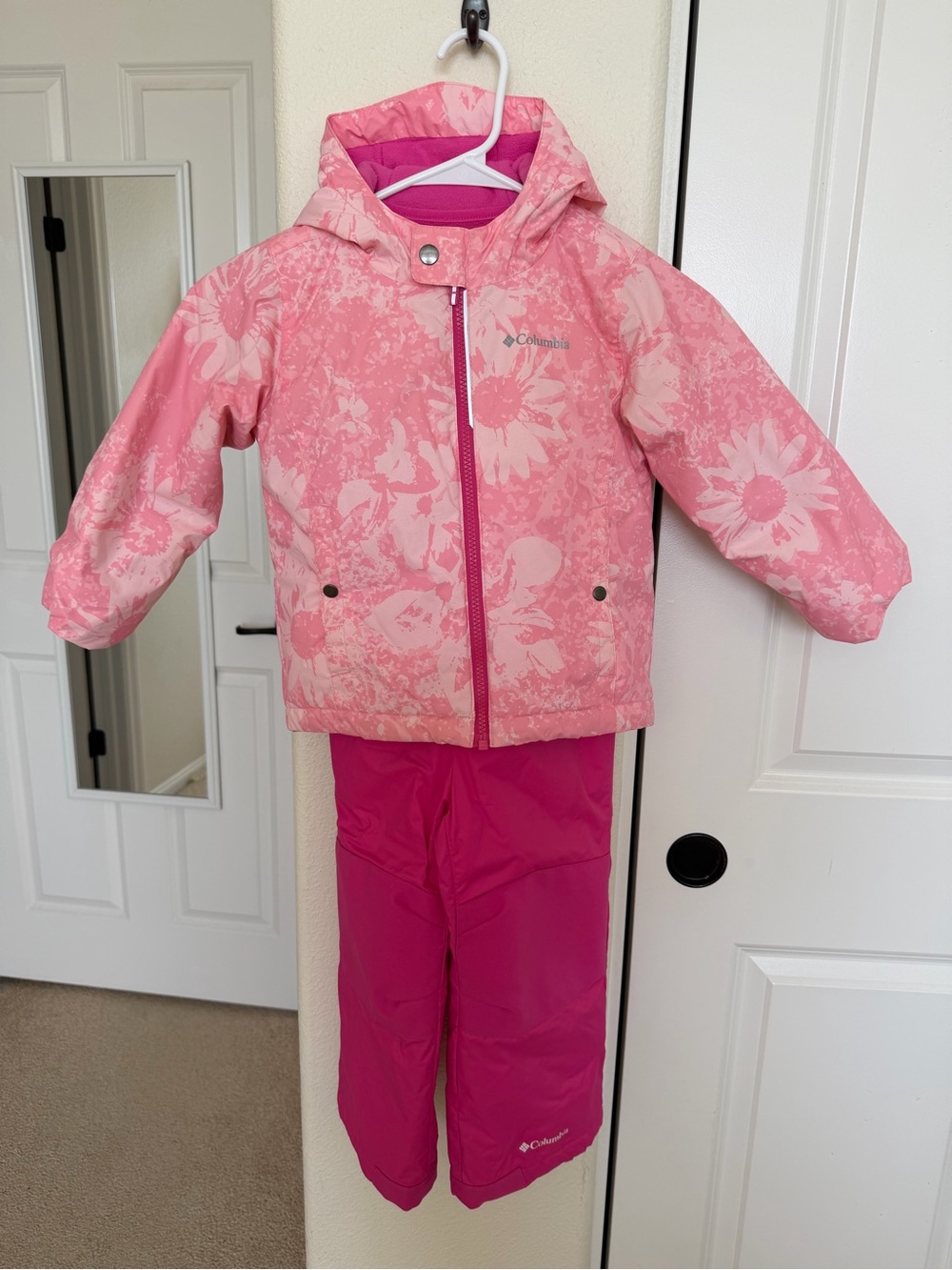 Columbia Pink Floral Hooded Snow Jacket with Bright Pink Bib Pants